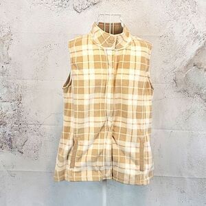 Basic Editions creme and white plaid fleece vest Women's Size M
